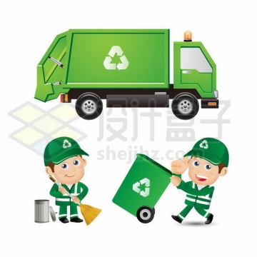 绿色的垃圾车和清洁工正在打扫卫生5345668矢量图片免抠素材免费下载