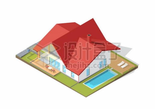 2.5D风格红顶房子度假酒店别墅带泳池9669682矢量图片免抠素材
