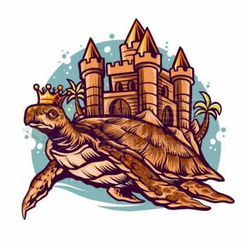 戴着皇冠的巨大乌龟驮着一座城堡抽象插画3632070矢量图片免抠素材免费下载