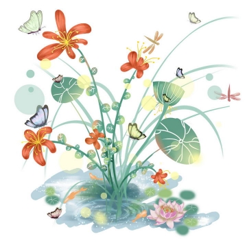 唯美风格光斑效果花卉蝴蝶绿叶植物图片免抠素材