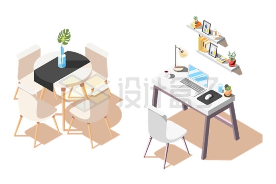 2.5D风格圆形餐桌餐椅和电脑桌办公桌家具8722857矢量图片免抠素材