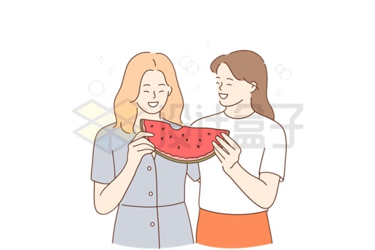 两个手绘女孩正在分吃西瓜好闺蜜9994504矢量图片免抠素材