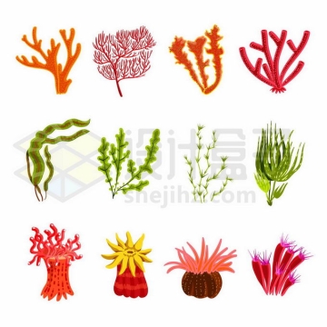 12款各种红色珊瑚绿色海藻海草海带水草和红色的海葵海底珊瑚礁世界5619051矢量图片免抠素材