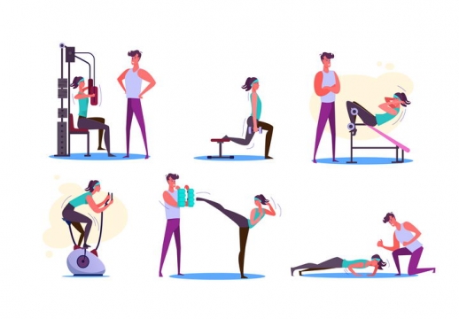 6款扁平插画风格正在教练监督下锻炼的健身美女图片免抠矢量素材