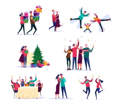 8款扁平插画风格庆祝圣诞节的一家人图片免抠矢量素材