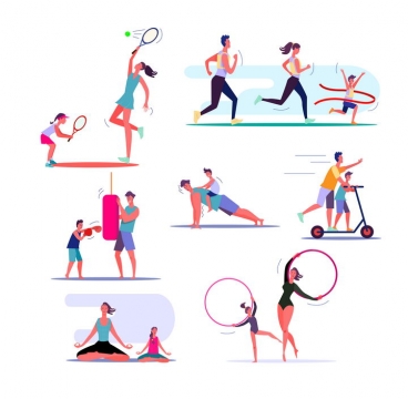 7款扁平插画风格正在陪伴儿子或女儿锻炼身体的健身爸爸或妈妈图片免抠矢量素材