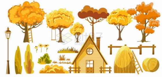 深秋时节里黄色的大树草丛和房子木屋金秋风景5791528矢量图片免抠素材
