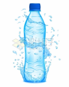 蓝色的矿泉水纯净水瓶子和飞溅起来的水花水珠水滴效果8405886矢量图片免抠素材