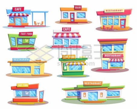 10款卡通风格咖啡店商店超市等建筑png图片免抠矢量素材