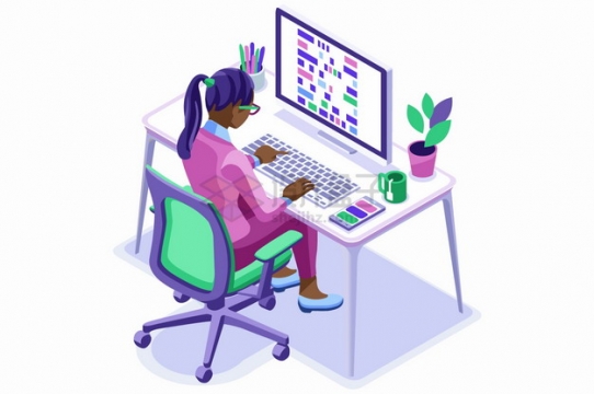 2.5D风格女设计师坐在电脑面前做设计扁平插画png图片素材