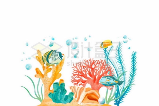 卡通海底世界中的珊瑚海草和鱼儿9348530矢量图片免抠素材
