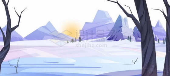 冬天的森林和远处的积雪覆盖的大山卡通风景7555056矢量图片免抠素材