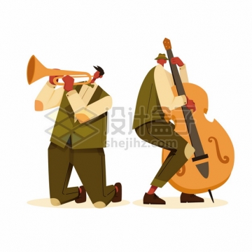 吹小号弹奏大提琴的爵士音乐演奏家扁平插画png图片素材
