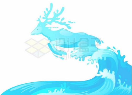 蓝色水花浪花中跳跃出来的抽象麋鹿效果8598619矢量图片免抠素材