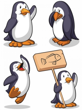 4款打招呼哭泣高兴和想吃鱼的卡通企鹅png图片免抠矢量素材