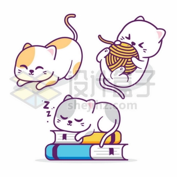 3款卡通猫咪正在玩毛线球趴在书本上睡觉9331737矢量图片免抠素材