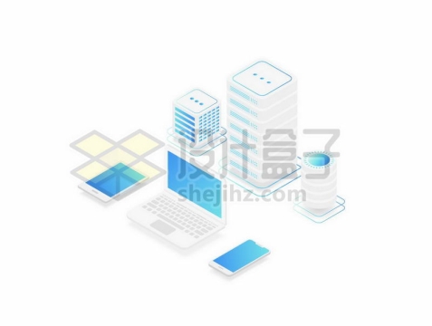 2.5D风格蓝色白色笔记本电脑和云计算服务器7065751矢量图片免费下载