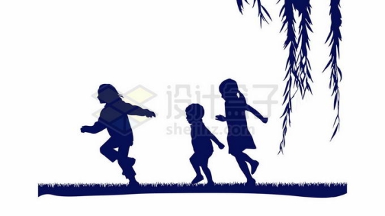 春天里柳树下在草地上奔跑嬉戏的小孩子儿童小朋友剪影1791987向量图片素材