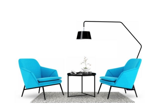 两个蓝色沙发椅和简约风格的地毯茶几和台灯等家具9882374免抠图片素材