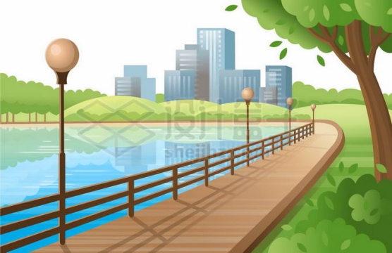 春天夏天湖边的栈桥和公园远处城市天际线卡通风景画7794134矢量图片免抠素材