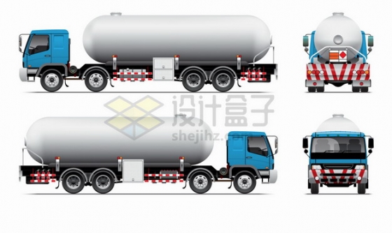 蓝色大型油罐车食用油鲜奶运输车特种卡车四视图png图片素材
