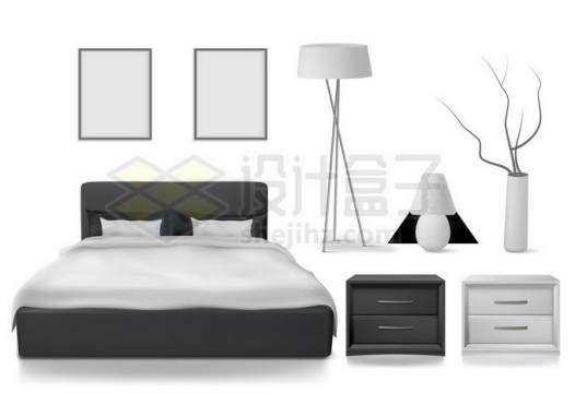 灰黑的大床和床头柜灯具等卧室家具7099794矢量图片免抠素材