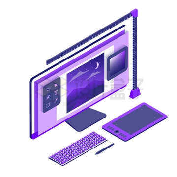 2.5D风格紫色设计师电脑显示器Photoshop操作界面和绘图板6896782矢量图片免抠素材