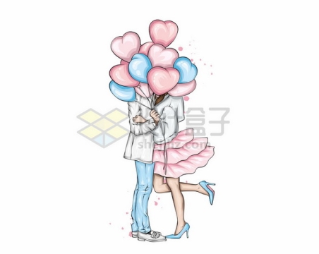 接吻的情侣被蓝色粉色心形气球挡住了热恋插画9175696矢量图片免抠素材