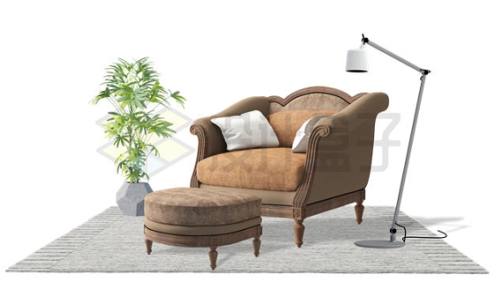 复古风格的布艺沙发单人沙发和沙发凳家具3988316PSD免抠图片素材