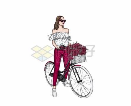 性感美女骑着自行车手绘插画9844088矢量图片免抠素材