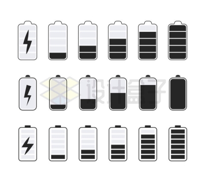 3种风格的黑白色电池电量显示图标2131513矢量图片免抠素材