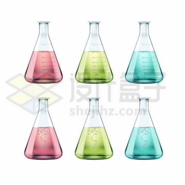 6款锥形瓶中的彩色化学试剂等化学实验仪器7413070矢量图片免抠素材免费下载