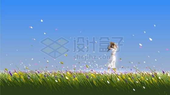 草地上的被风轻拂白裙子的少女唯美背景插画1726473矢量图片免抠素材