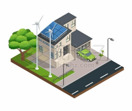 2.5D风格风力发电太阳能发电绿色智能家居小别墅1847480矢量图片免抠素材免费下载
