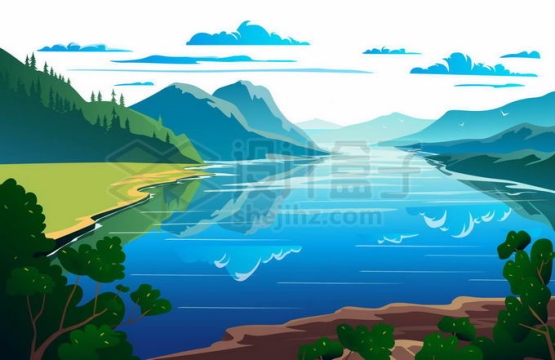 远处的高山和近处的河流湖泊水面美景插画4483768矢量图片免抠素材免费下载