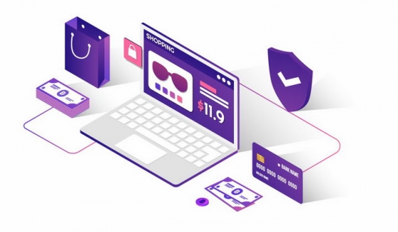 紫色2.5D风格笔记本电脑美元钞票银行卡象征了网络购物安全png图片免抠矢量素材