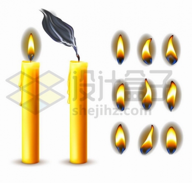 黄色的蜡烛和各种各样的火焰火苗效果png图片免抠矢量素材