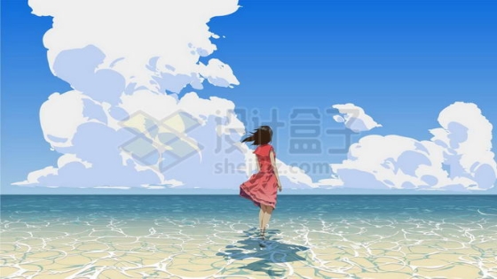 海边站在海水中的红裙子少女唯美背景插画3919829矢量图片免抠素材
