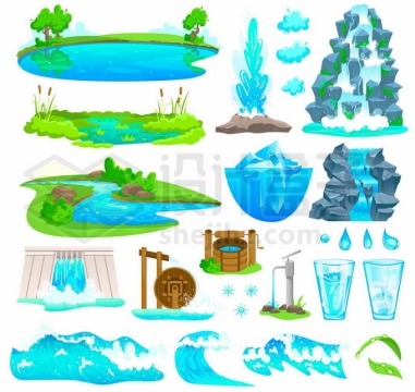 各种蓝色的池塘水塘河流喷泉瀑布冰山海浪水车水井一滴水等保护水资源插画1665066矢量图片免抠素材免费下载
