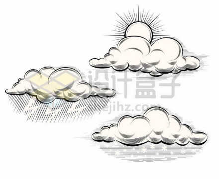 三款多云雷雨和下雪天气云朵手绘插画4890962png图片免抠素材