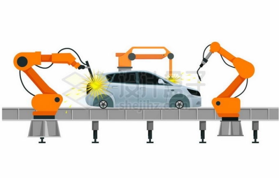 工厂中的全自动汽车生产线流水线上的焊接机器人机械手臂8405745矢量图片免抠素材