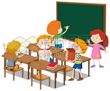 卡通小学生黑板课桌热闹的教室插画2450964png图片免抠素材