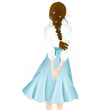 扎着麻花辫白色衬衣的蓝色长裙女孩背影手绘插画1535248png图片免抠素材