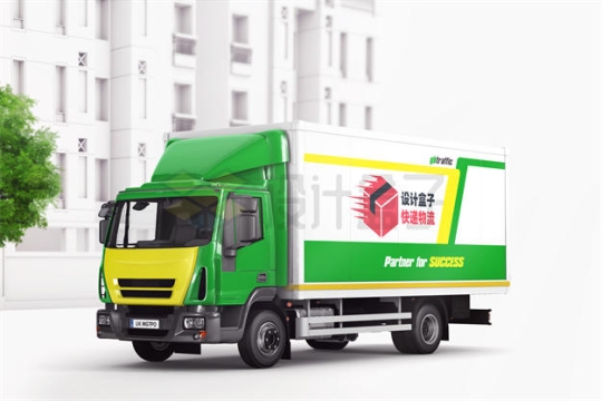 一辆绿色的厢式货车卡车车厢图案样机模板9801180PSD免抠图片素材