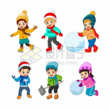 冬天穿着羽绒服的卡通小朋友溜冰滚雪球打雪仗等娱乐项目9969851矢量图片免抠素材