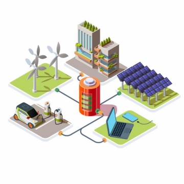 城市森林绿色建筑风力太阳能发电电动汽车充电等清洁能源4302226矢量图片免抠素材