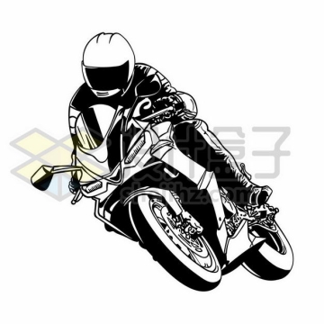 摩托车手骑着摩托车弯道转弯手绘黑白插画1826480png图片免抠素材