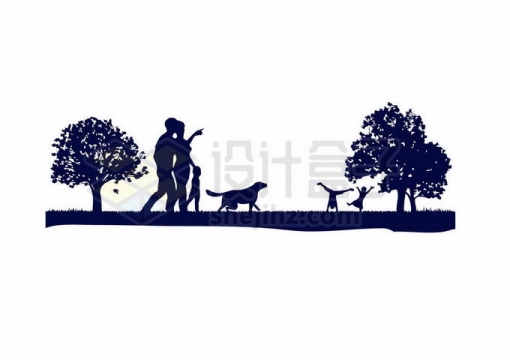 草地上散步的一家五口遛狗剪影1187048向量图片素材