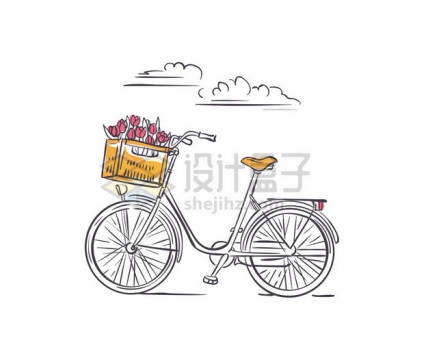 手绘线条风格自行车和车篮中放满了鲜花886830png矢量图片素材