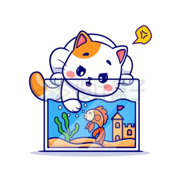 卡通大花猫在鱼缸中捞鱼小猫爱吃鱼2930303矢量图片免抠素材